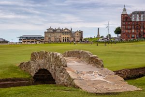 The 1st & 18th hole and famous Swilcan Bridge of St Andrews golf course, Fife Scotland