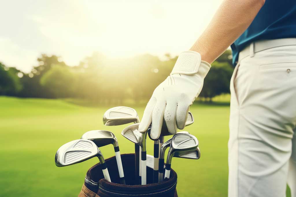 Side view man playing golf in nature
